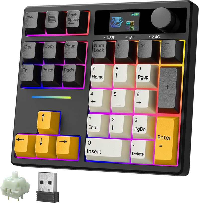 Boyi TD31Pro Mechanical Numpad,Mini Keyboard with Screen&Knob,Bluetooth5.0/2.4G/Type-C Wireless Numeric Keypad,Gasket HotSwap RGB Number Pad,PBT Keycaps Rechargeable Number keypad for PC(Black-Grey) - Image 1